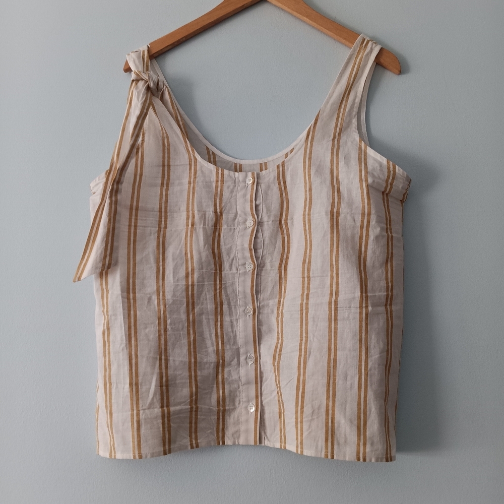 Sézane Rio Ecru Ocher Stripe Tie Shoulder Linen Blend Top 40/8 - Picture 4 of 9